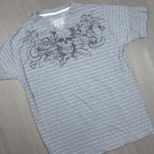 Point Zero Skull Graphic Striped T-Shirt Large